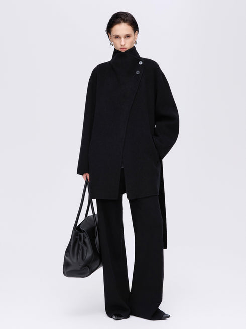 High-Neck Belted Wool Coat